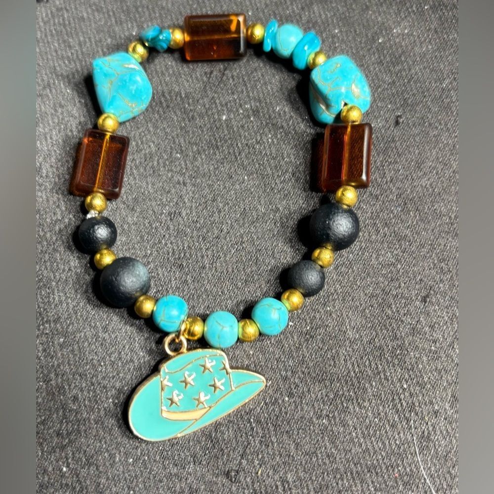 Cowboy Teal Hat Charm Beaded Bracelet NWOT One Size Fits Most